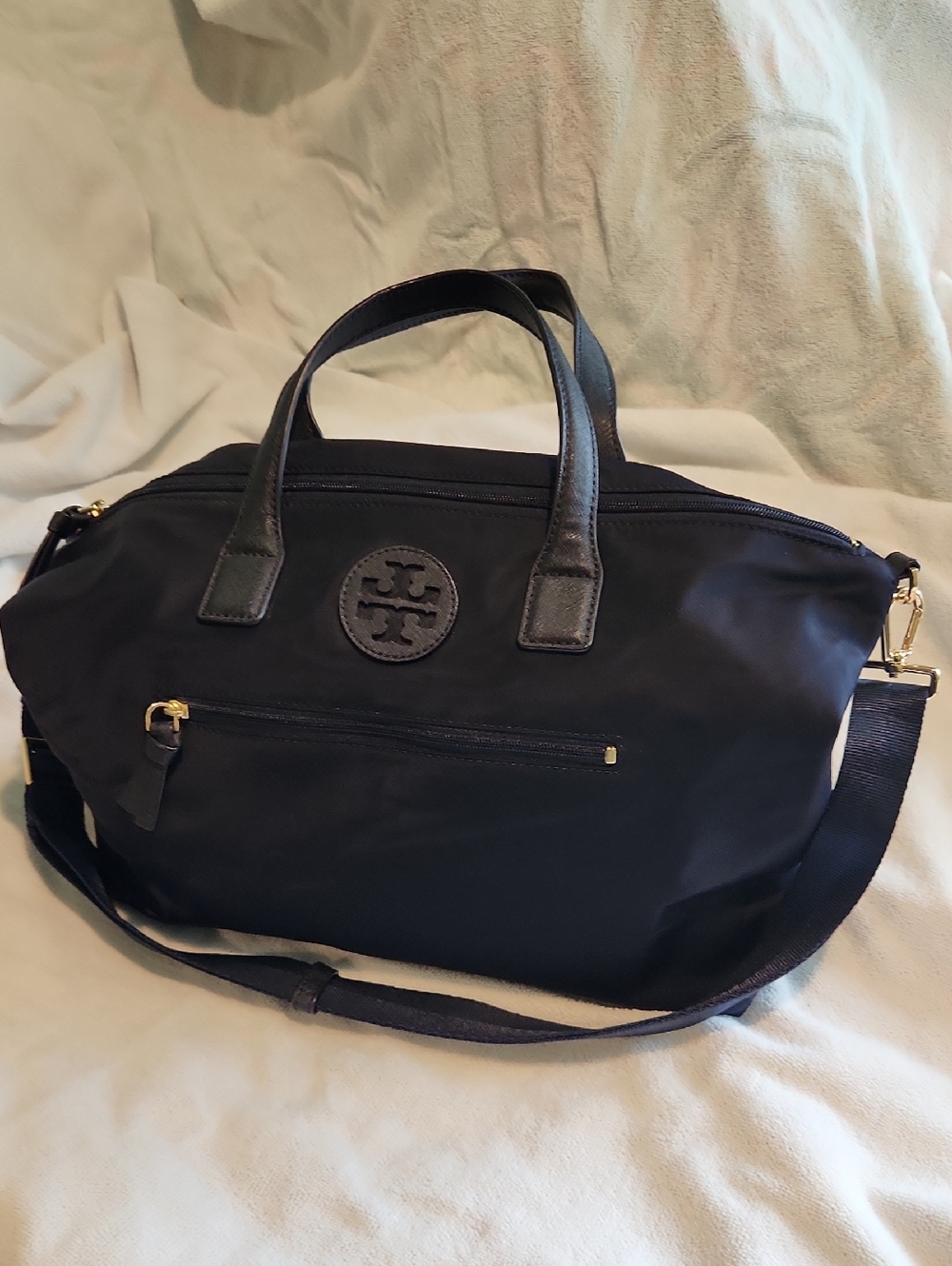 Tory Burch Navy Blue Nylon Shoulder Satchel with Gold Hardware